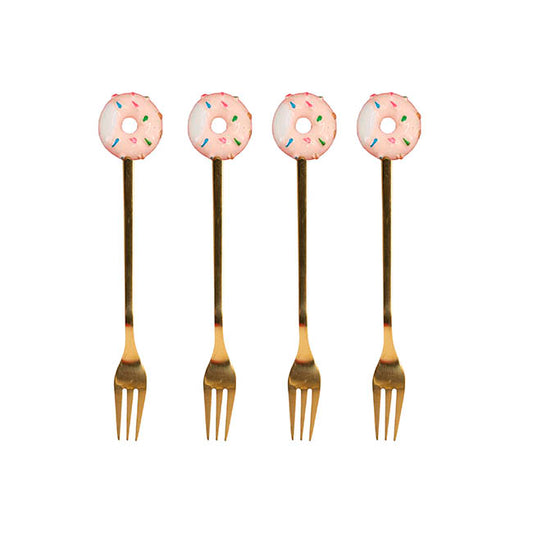 Donut Fork Set 4 Pink & Gold (13cmH)