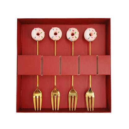 Donut Fork Set 4 Pink & Gold (13cmH)