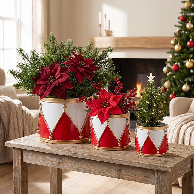 Festive Drum Metal Pots Set 3 Red & White