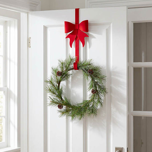 Wreath Door Hanger w Bow Flocked Red (53.5cmH)
