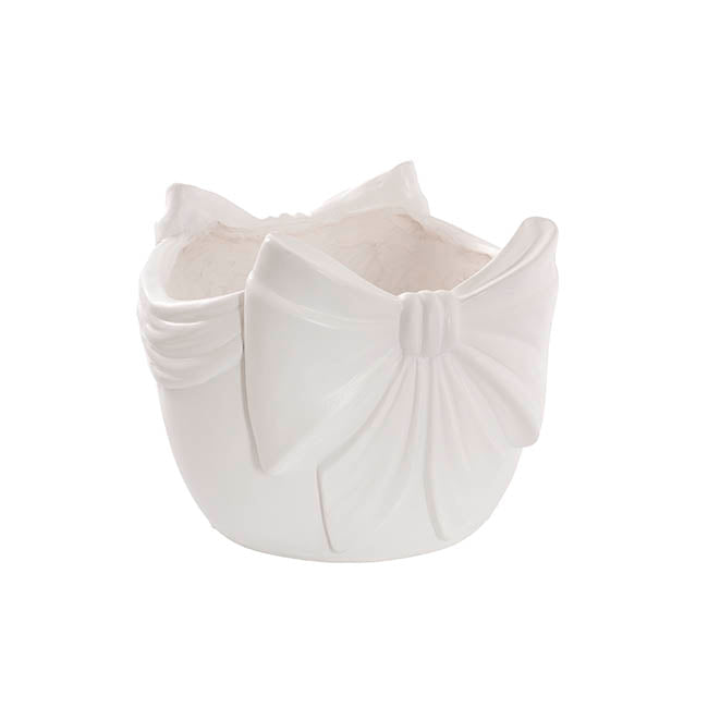 Decorative Garden Pot w Bow Matte White (27x26.5x22cmH)