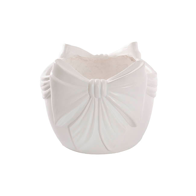 Decorative Garden Pot w Bow Matte White (27x26.5x22cmH)