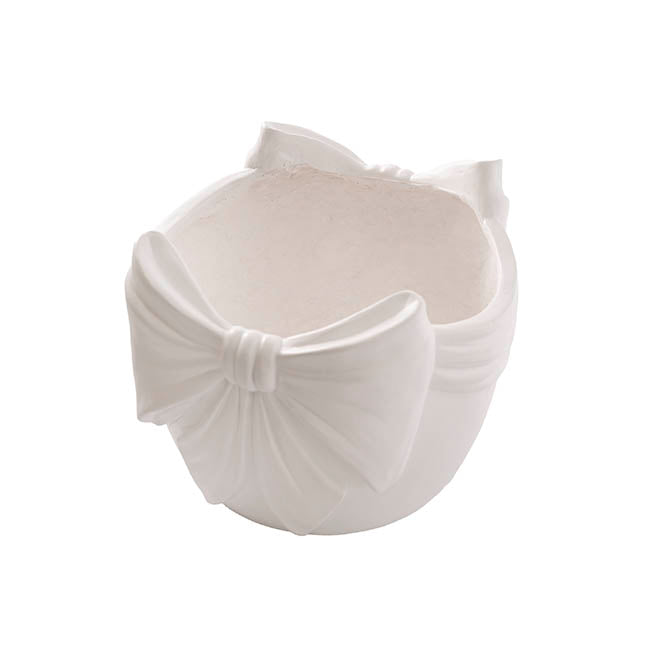 Decorative Garden Pot w Bow Matte White (27x26.5x22cmH)