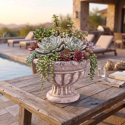 Ribbed Compote Planter Pot Washed Grey White (28x22cmH)