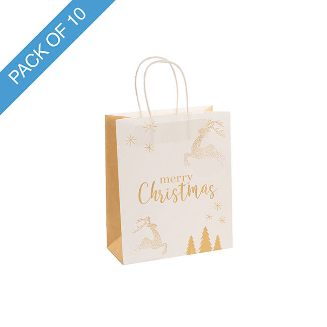 Kraft Paper Bag Small Reindeer Gold Pk10(180Wx85Gx215mmH)