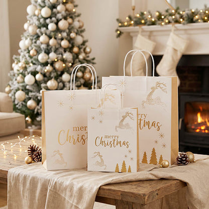 Kraft Paper Bag Small Reindeer Gold Pk10(180Wx85Gx215mmH)
