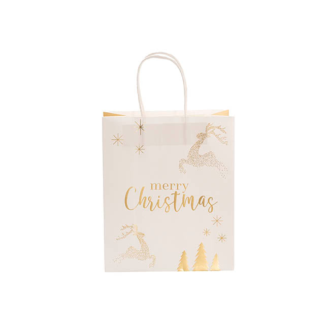 Kraft Paper Bag Small Reindeer Gold Pk10(180Wx85Gx215mmH)