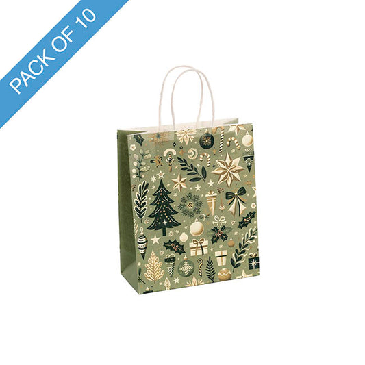 Kraft Paper Bag Small Holiday Grove Gr Pk10(180Wx85Gx215mmH)