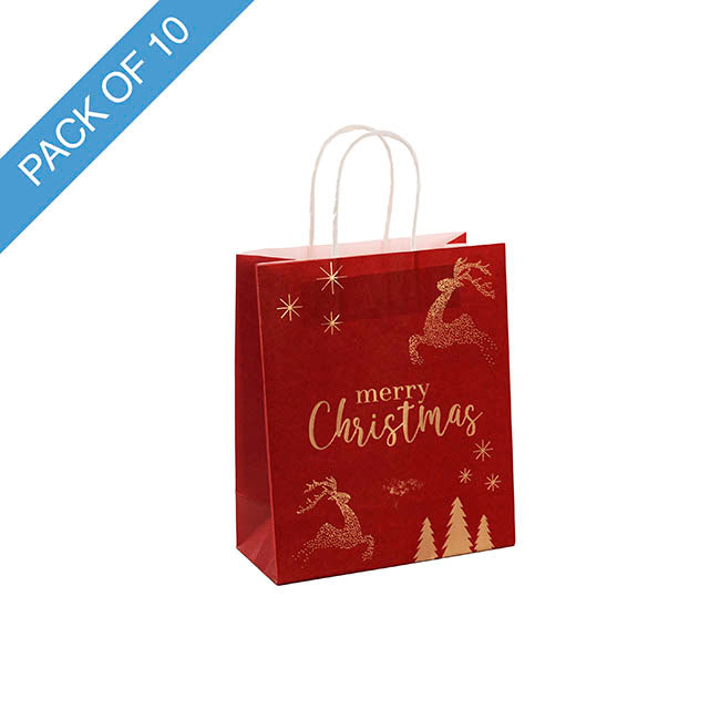 Kraft Paper Bag Small Reindeer Red Pk10(180Wx85Gx215mmH)