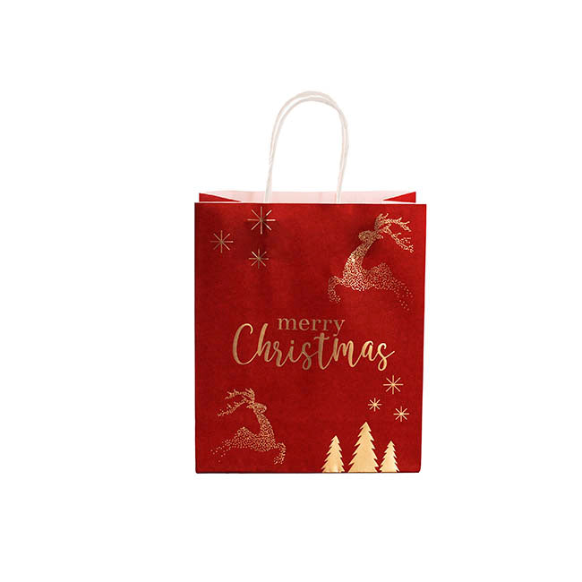 Kraft Paper Bag Small Reindeer Red Pk10(180Wx85Gx215mmH)