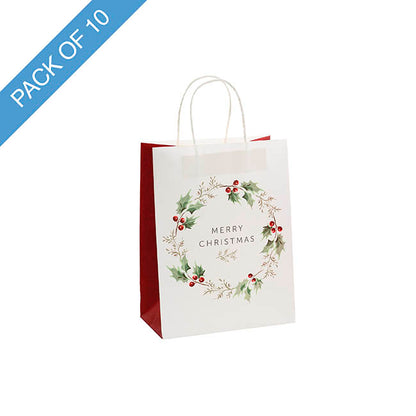 Kraft Paper Bag Small XmasWreath White Pk10(180Wx85Gx215mmH)