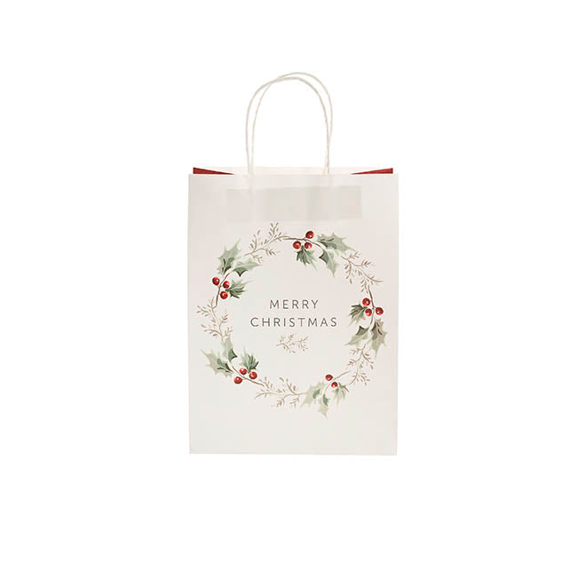 Kraft Paper Bag Small XmasWreath White Pk10(180Wx85Gx215mmH)