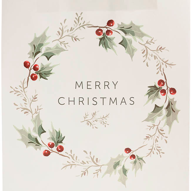 Kraft Paper Bag Small XmasWreath White Pk10(180Wx85Gx215mmH)
