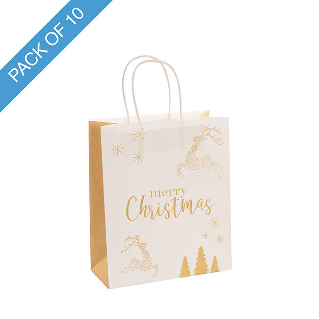 Kraft Paper Bag Med Reindeer Gold Pk10 (205Wx110Gx275mmH)