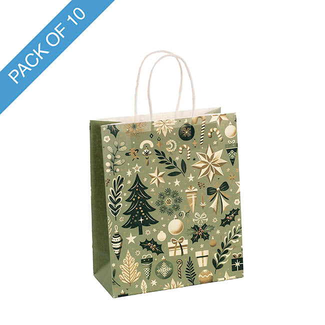 Kraft Paper Bag Med Holiday Grove Gr Pk10 (205Wx110Gx275mmH)