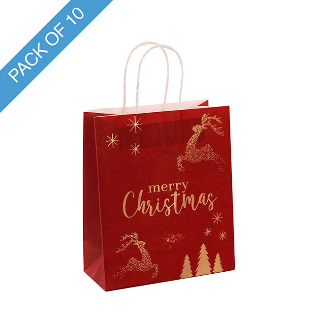 Kraft Paper Bag Med Reindeer Red Pk10 (205Wx110Gx275mmH)