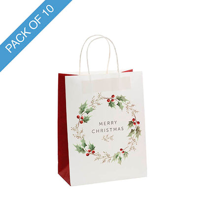 Kraft Paper Bag Med XmasWreath White Pk10 (205Wx110Gx275mmH)