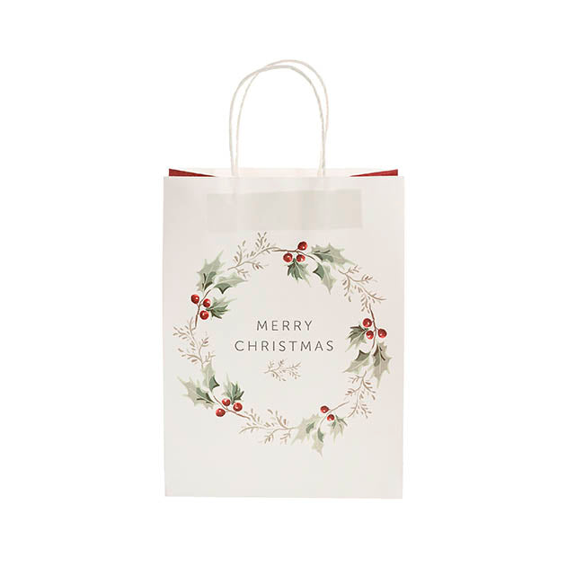 Kraft Paper Bag Med XmasWreath White Pk10 (205Wx110Gx275mmH)