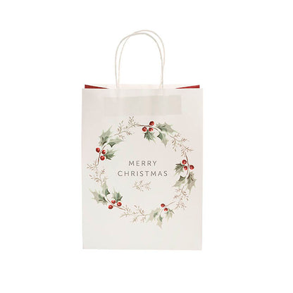 Kraft Paper Bag Med XmasWreath White Pk10 (205Wx110Gx275mmH)
