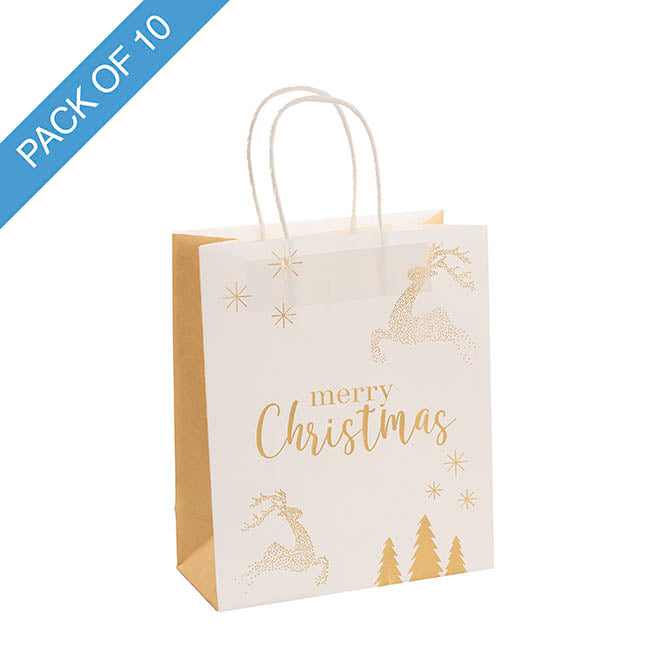 Kraft Paper Bag Lge Reindeer Gold Pk10 (240Wx120Gx355mmH)