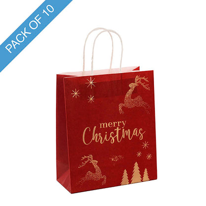 Kraft Paper Bag Lge Reindeer Red Pk10 (240Wx120Gx355mmH)