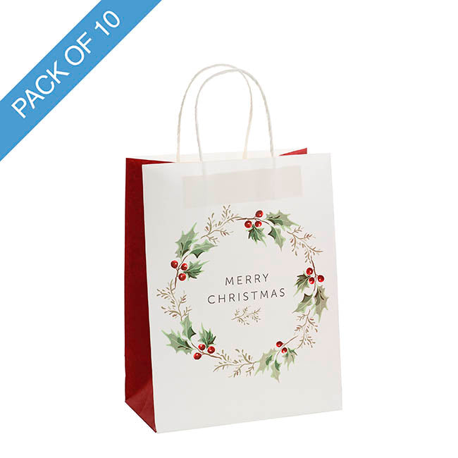Kraft Paper Bag Lge XmasWreath White Pk10 (240Wx120Gx355mmH)
