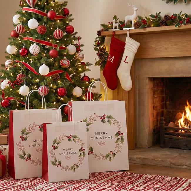 Kraft Paper Bag Lge XmasWreath White Pk10 (240Wx120Gx355mmH)