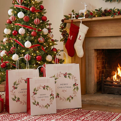 Kraft Paper Bag Lge XmasWreath White Pk10 (240Wx120Gx355mmH)