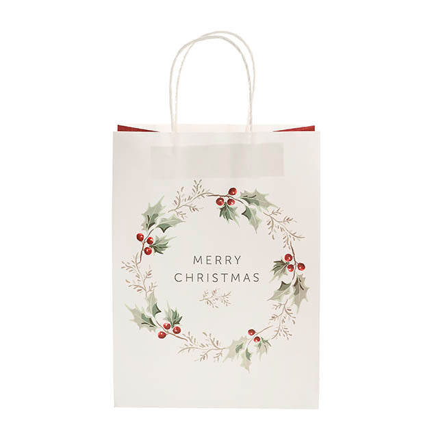 Kraft Paper Bag Lge XmasWreath White Pk10 (240Wx120Gx355mmH)