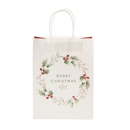 Kraft Paper Bag Lge XmasWreath White Pk10 (240Wx120Gx355mmH)