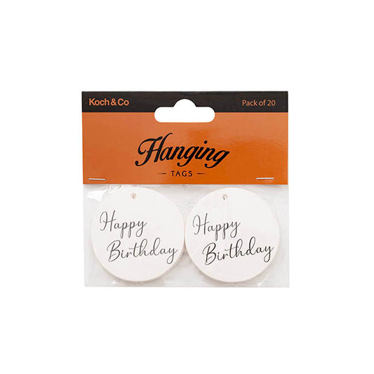 Hanging Gift Tags Happy Birthday Round White Pack 20 (5cm)