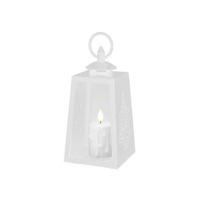 Christmas Lantern w LED Pillar Candle White (10x21cmH)