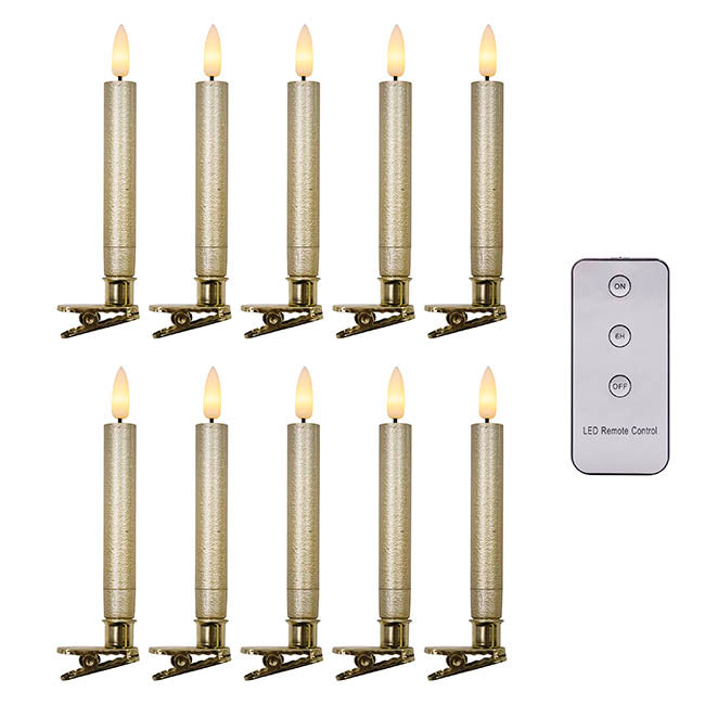 Flickering LED Slim Candle Clips Pack 10 Gold(1.5cmx12.5cmH)