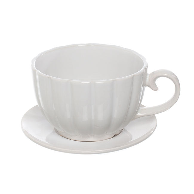 Ceramic Tea Cup Pot Saucer Drainage Hole White (17.5Dx13cmH)