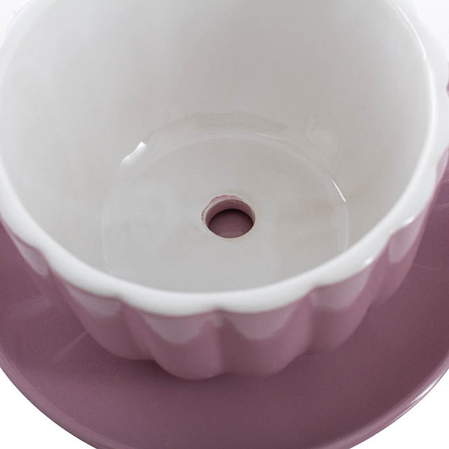 Ceramic Tea Cup Pot Saucer Drain Hole Lavender (15TDx10cmH)