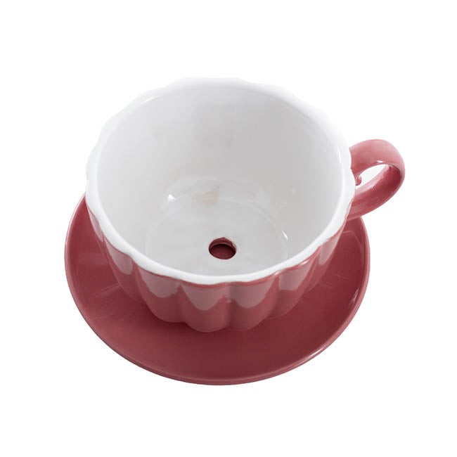 Ceramic Tea Cup Pot Saucer Drainage Hole Pink (15TDx10cmH)