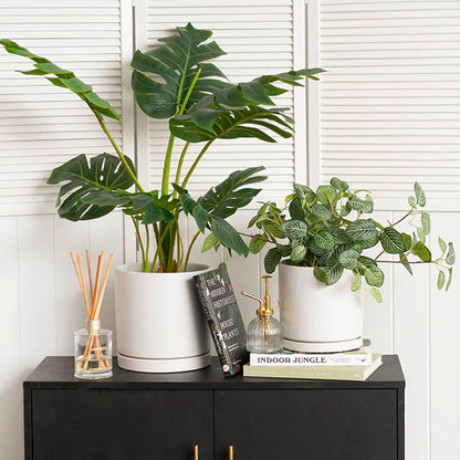 Ceramic Loreto Plant Pot & Plate Matte White (18Dx18.5cmH)