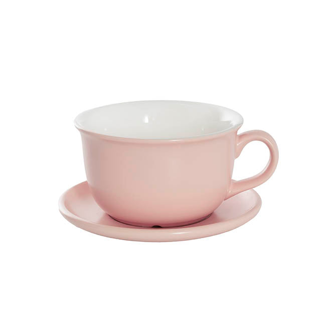 Ceramic Coffee Cup Pot & Plate Matte Pink (15Dx10cmH)
