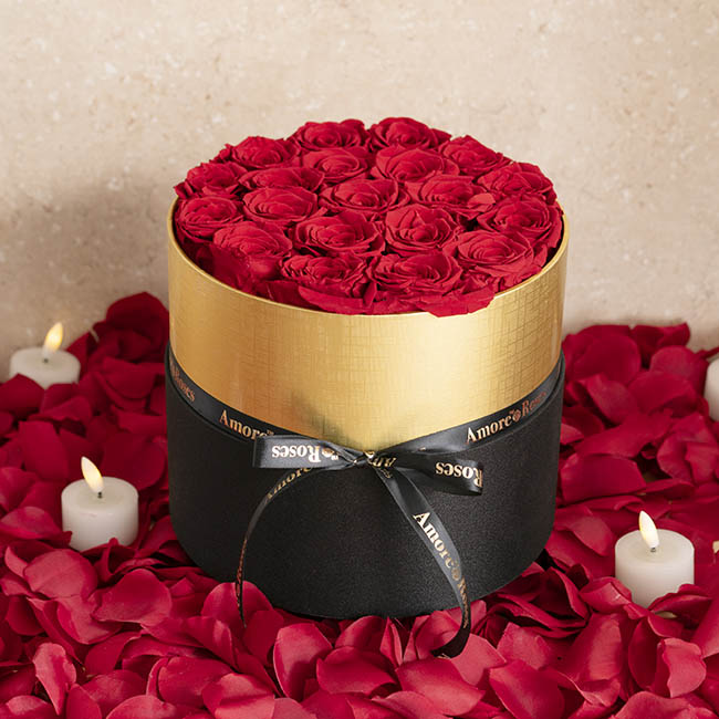 Amore Forever Rose x20 Head in Black Hat Box Red (23x26cmH)