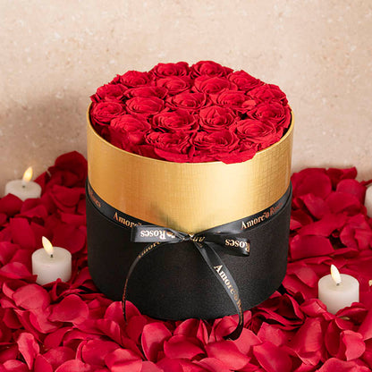 Amore Forever Rose x20 Head in Black Hat Box Red (23x26cmH)