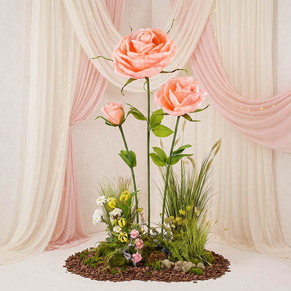 Giant Romantic Paper Flower Roses w Base Set 3 Pink (160cmH)