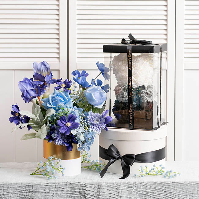 Amore Rose Bear w Black Bow Gradation Ombre Black (25cmH)