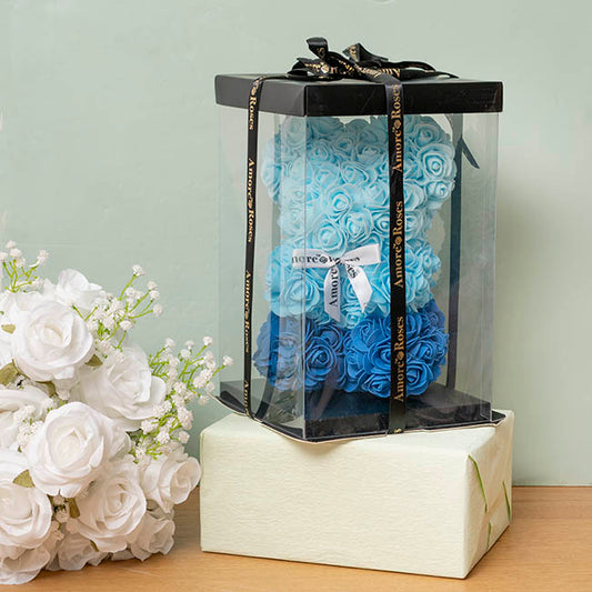 Amore Rose Bear w White Bow Ombre Blue (25cmH)