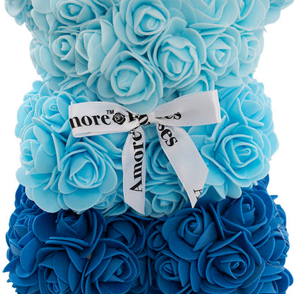 Amore Rose Bear w White Bow Ombre Blue (25cmH)