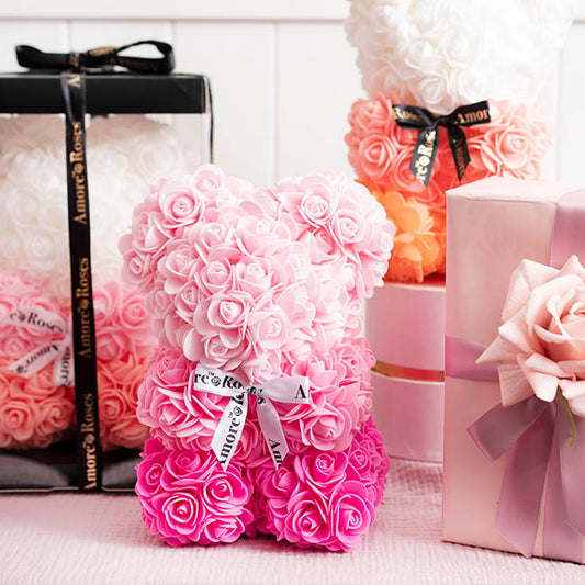 Amore Rose Bear w White Bow Gradation Ombre Pink (25cmH)