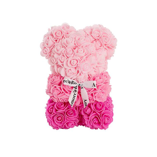 Amore Rose Bear w White Bow Gradation Ombre Pink (25cmH)