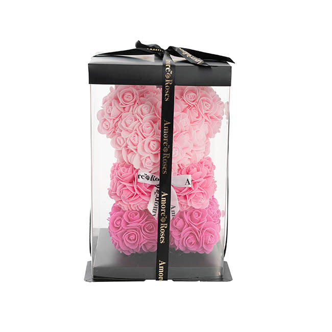 Amore Rose Bear w White Bow Gradation Ombre Pink (25cmH)