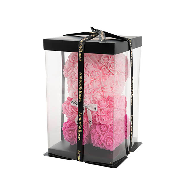 Amore Rose Bear w White Bow Gradation Ombre Pink (25cmH)