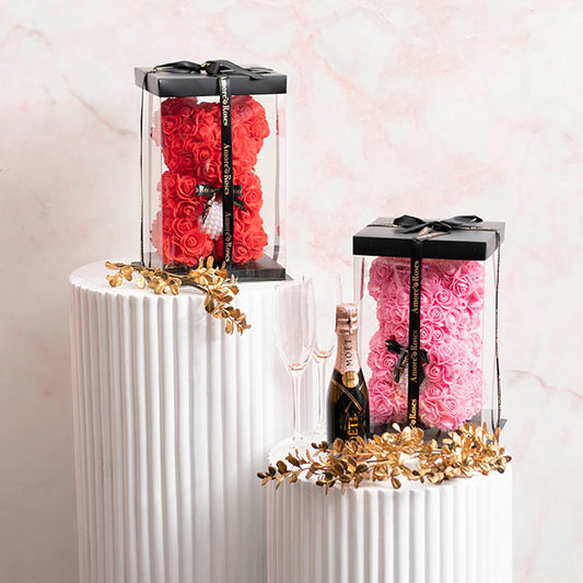 Amore Rose Bear w Pearl Heart & Black Bow Pink (25cmH)