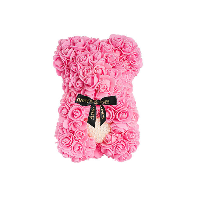 Amore Rose Bear w Pearl Heart & Black Bow Pink (25cmH)
